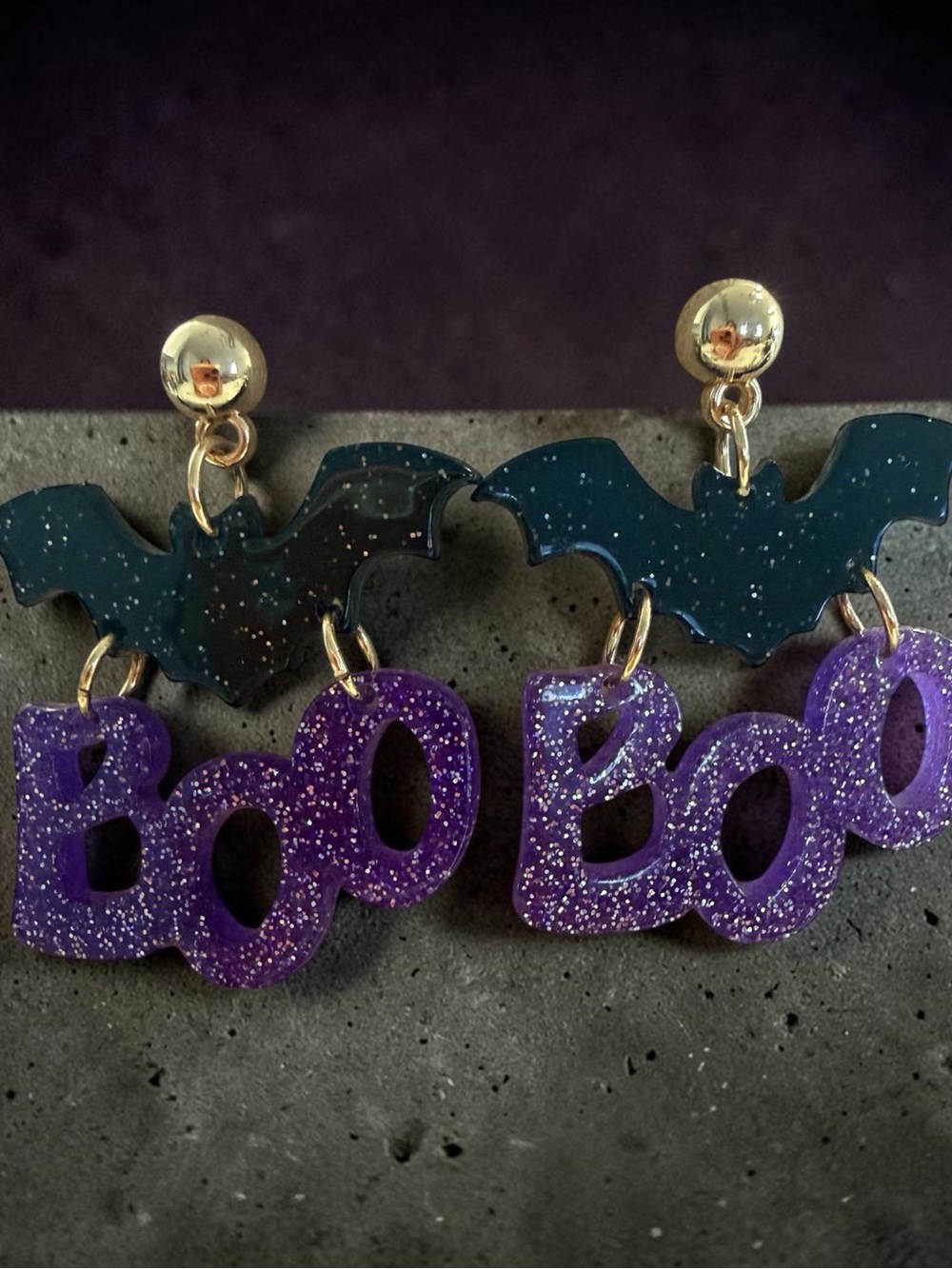 Halloween 'Boo' Bat Dangle Earrings - Purple & Dark Teal Glitter